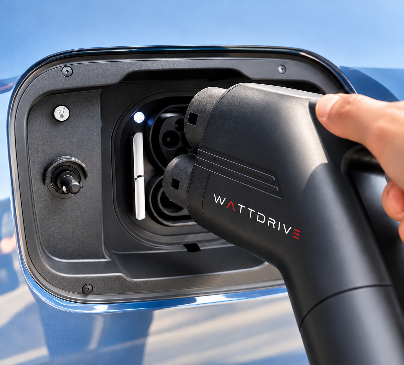 Electric sedan plugged into a WattDrive charging unit outside a residential tower